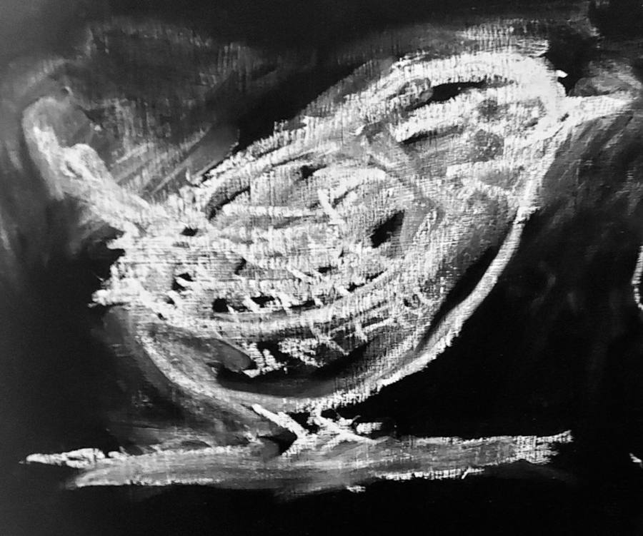 A loose white chalk drawing of a small bird on black paper