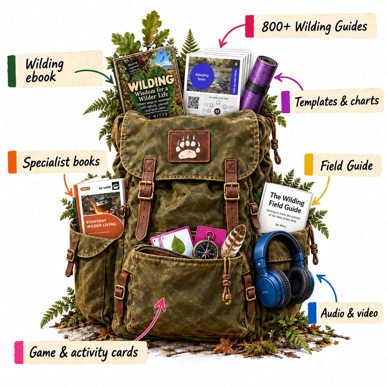 The Wilding Rucksack: the Wilding ebook, 800+ Wilding activity guides, templates and charts, threshold books, the Field Guide, audio and video, and game and activity cards
