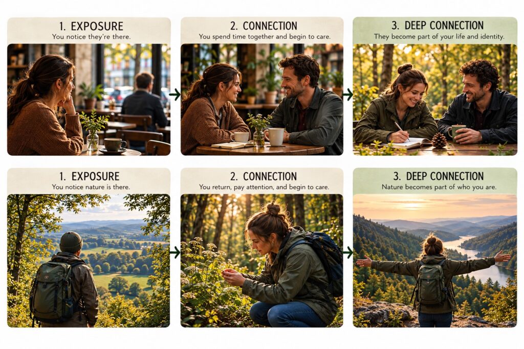 Exposure, then connection, then deep connection: from strangers in a café to friends, and from a first walk to feeling part of a place